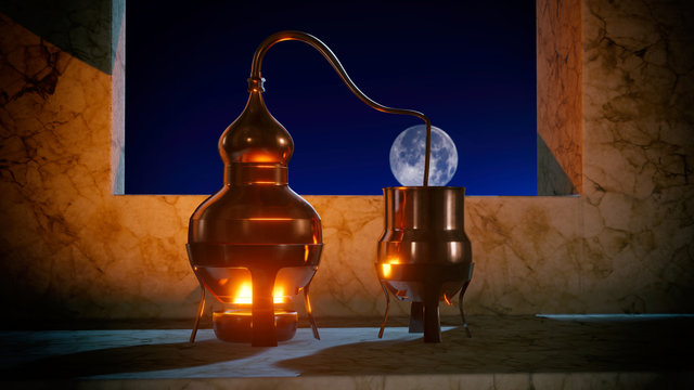 Copper alembic distiller 3d illustration