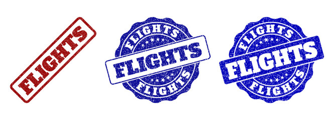 FLIGHTS grunge stamp seals in red and blue colors. Vector FLIGHTS overlays with grunge style. Graphic elements are rounded rectangles, rosettes, circles and text labels.