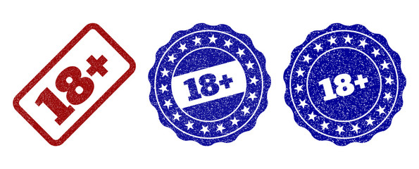 18+ grunge stamp seals in red and blue colors. Vector 18+ labels with grunge surface. Graphic elements are rounded rectangles, rosettes, circles and text captions.