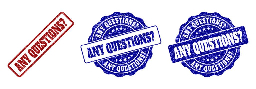 ANY QUESTIONS? grunge stamp seals in red and blue colors. Vector ANY QUESTIONS? imprints with grunge surface. Graphic elements are rounded rectangles, rosettes, circles and text titles.
