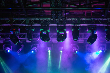 Stage, concert light. Modern spotlights equipment.