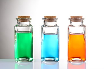 Essential oils in apothecary bottles with cork stoppers