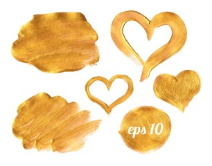 Gold paint brush stroke and stain set. Vector