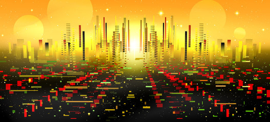 Vector illustration of a futuristic city of the future. Fantasy, technocracy, virtual reality. Yellow sky.
