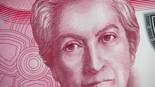 Chilean 5000 peso (2009) banknote rotating, Gabriela Mistral, Chile money. 4K UHD video footage