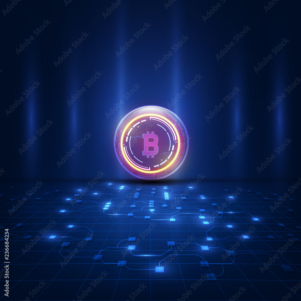 Poster abstract digital currency bitcoin with blockchain , vector illustration