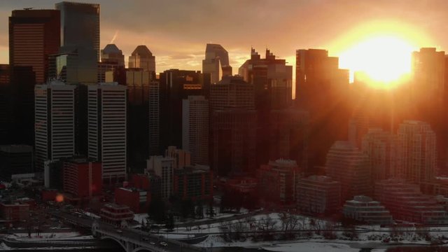 Aerial Drone Shot of City Skyscrapers at Sunset, Calgary Downtown City Skyline, Alberta Canada. Oil and Gas City 