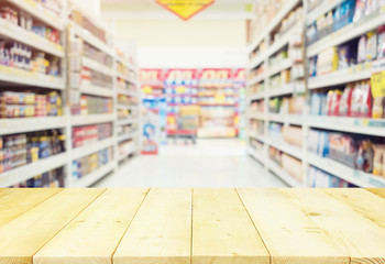 Supermarket or retail store blur background. That is a self-service shop offer grocery and variety of food, beverage and household product on shelf or rack. For shopping background or product display.