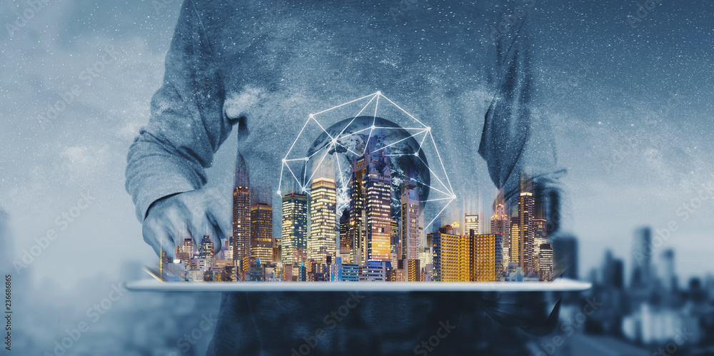 Poster networking technology, augmented reality and smart city and technology. element of this image are fu