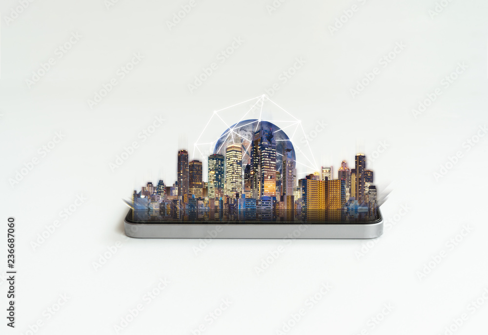 Poster smart technology, networking technology and augmented reality. mobile smart phone with buildings and