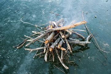 bonfire built on blue ice