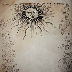 Art in the medieval style, with old parchment texture. Frame of curls and the sun with a human face