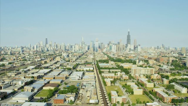 Aerial city view of Chicago Illinois the Windy City Sears Tower Metropolitan skyline Skyscraper buildings and commuter suburbs USA 