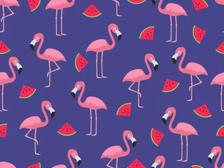 Foto auf Acrylglas Flamingo Nahtloses Muster von Flamingo mit Scheibe Wassermelone auf blauem Hintergrund - Vektorillustration