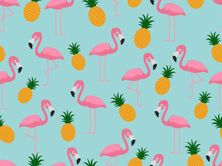 Seamless pattern of flamingo with pineapple on pastel background - Vector illustration