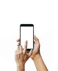 hand holding black phone isolated on white clipping path inside