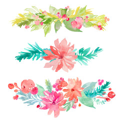 Watercolor Christmas Background with Holly Berries and Leaves