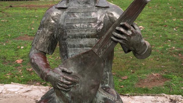 Famous hungarian musician Tinodi Lantos Sebestyen statue at Ny&radic;&ne;rbator, Hungary, Recorded with a sony alpha A7 III in 4K.