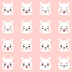 Set of White Cute Polar Bear, head, face, emotion, animals cartoon flat design vector.