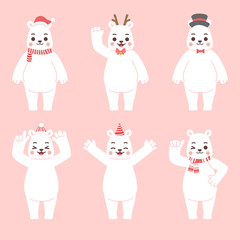 Set of White Cute Polar Bear for Merry Christmas, celebration, Holiday , head, face, emotion, animals cartoon flat design vector.
