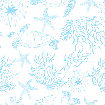 Seamless underwater sea ocean turtle plants pattern