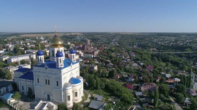 Aerial view of Ascension Cathedral church in Yelets city, Lipetsk region, Russia, 4k