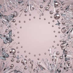 Square pink background with precious crystals, pink pearls and gray butterflies. 3D illustration