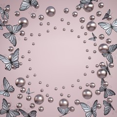 Abstract pink background with pink pearls and butterflies.  3D illustration