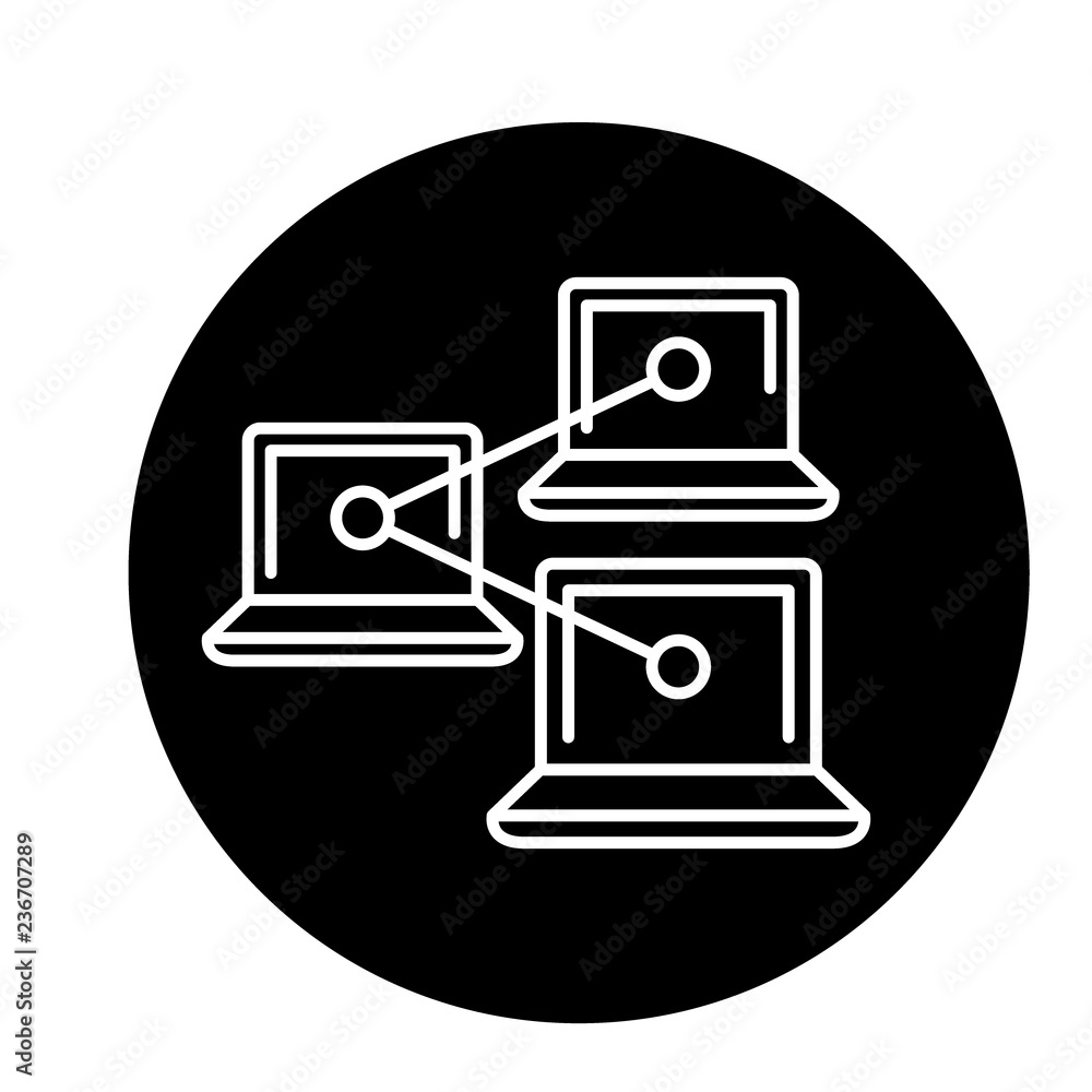 Poster computer work network black icon, concept vector sign on isolated background. computer work network 