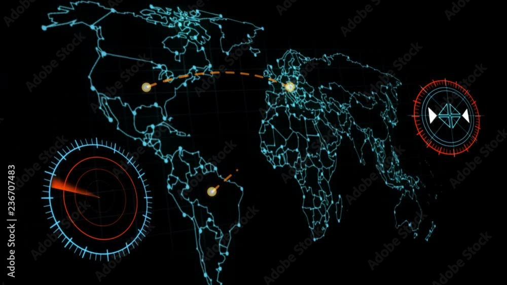 Poster neon high tech network world map with radars and connecting lines, alpha channel included