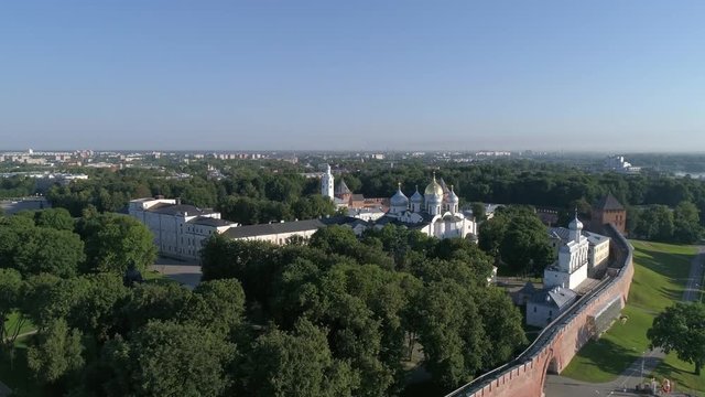 Aerial view on Saint Sophia Cathedral and Novgorod Kremlin on Volkhov river, Veliky Novgorod, Russia, 4k