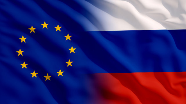 Waving EU and Russia Flags