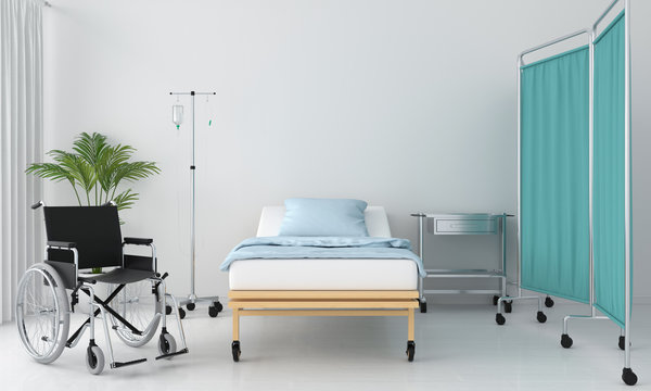 Hospital Room With Bed And Table, 3D Rendering