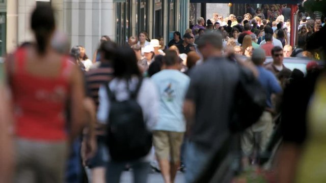 Chicago - April 2017: Multi ethnic city people walking over pedestrian vehicle crossing in summertime Chicago slow motion USA RED EPIC