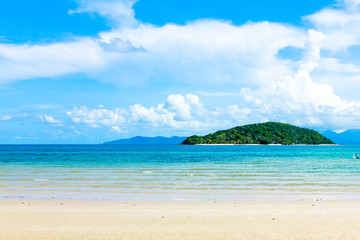 Landscape blue sea with island and blue sky and white sand in thailand