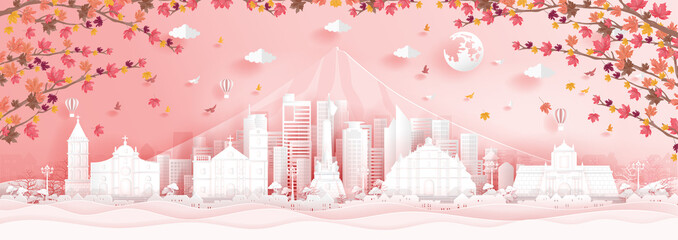 Autumn in Philippines with falling maple leaves in paper cut style vector illustration