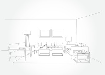 Fototapeta na wymiar Linear sketch of an interior. Living room plan. Sketch Line sofa set. Vector illustration.outline sketch drawing perspective of a interior space.