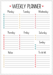 Weekly planner for  for diary, notebook. Printable A4 planner vector illustration