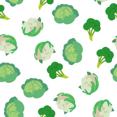 Vector seamless pattern with hand drawn vegetables. Farm market products. Cabbage, broccoli, cauliflower. Simple vegetarian food drawing.