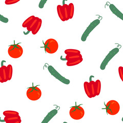 Vector seamless pattern with hand drawn vegetables. Farm market products. Cucumber, tomato, pepper. Simple vegetarian food drawing.
