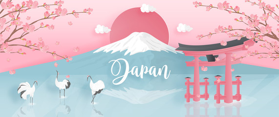 Panele Szklane  Panorama of travel postcard, poster, tour advertising of world famous landmarks of Japan with Fuji mountain and Red-crowned crane in paper cut style. Vector illustration.