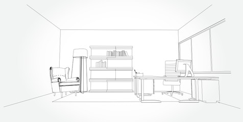 interior outline sketch drawing perspective of a space office.Workplaces . Tables, chairs and windows. Vector illustration in a sketch style.