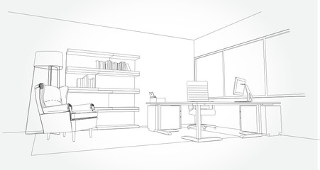 interior outline sketch drawing perspective of a space office.Workplaces . Tables, chairs and windows. Vector illustration in a sketch style.