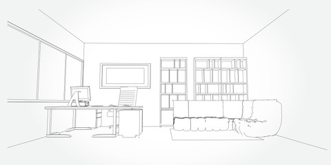 interior outline sketch drawing perspective of a space office.Workplaces . Tables, chairs and windows. Vector illustration in a sketch style.