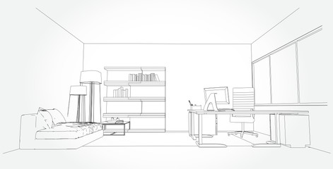 interior outline sketch drawing perspective of a space office.Workplaces . Tables, chairs and windows. Vector illustration in a sketch style.