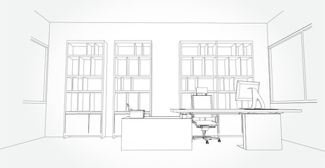 interior outline sketch drawing perspective of a space office.Workplaces . Tables, chairs and windows. Vector illustration in a sketch style.