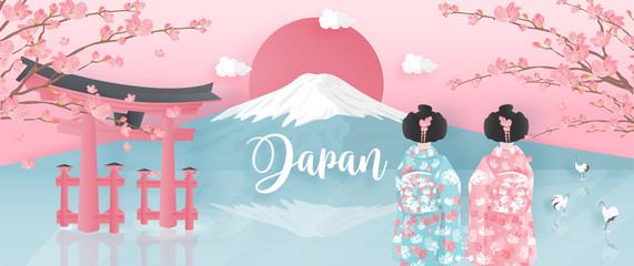 Panele Szklane  Panorama of travel postcard, poster, tour advertising of world famous landmarks of Japan with Fuji mountain and women in Kimono dress in paper cut style. Vector illustration.