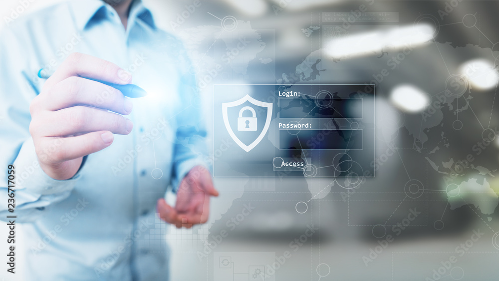 Poster access window with login and password on virtual screen. cyber security and personal data protection