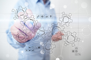 Fototapeta premium Virtual interface with mechanical gears. Automation and technology for Recruitment and HR concept.
