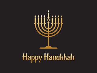 Happy Hanukkah greeting card with gold menorah on black background
